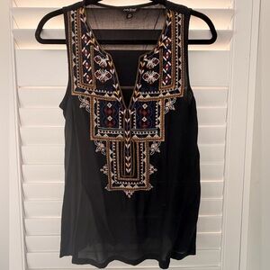 Lucky Brand Black Top with Colorful Beaded Embroidery